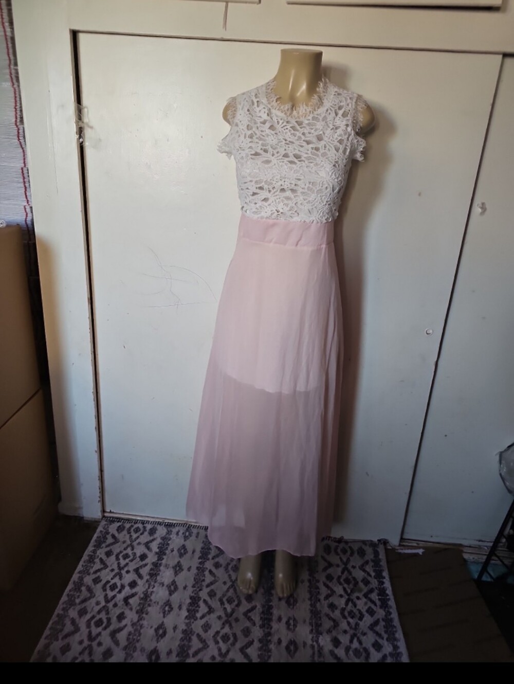 S.L. Fashions White Lace Top Blush Pink Maxi Dress